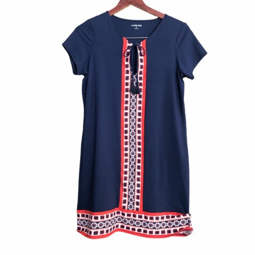 Lands End Tunic dress Small  geo print pattern. Navy blue v-cut front tassel